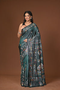 Blended Silk Kantha Stitch Saree Green
