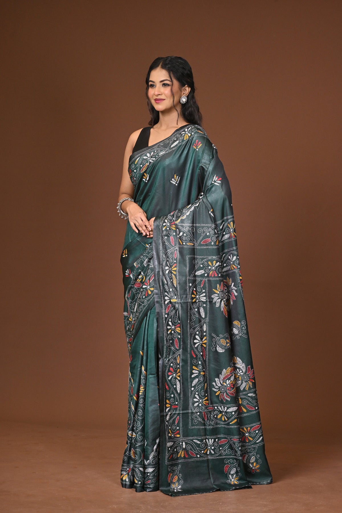 Blended Silk Kantha Stitch Saree Green