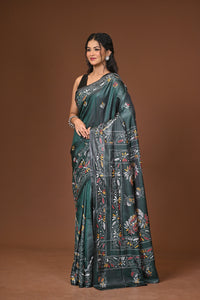 Blended Silk Kantha Stitch Saree Green