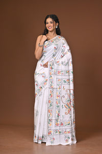 Blended Silk Kantha Stitch Saree White