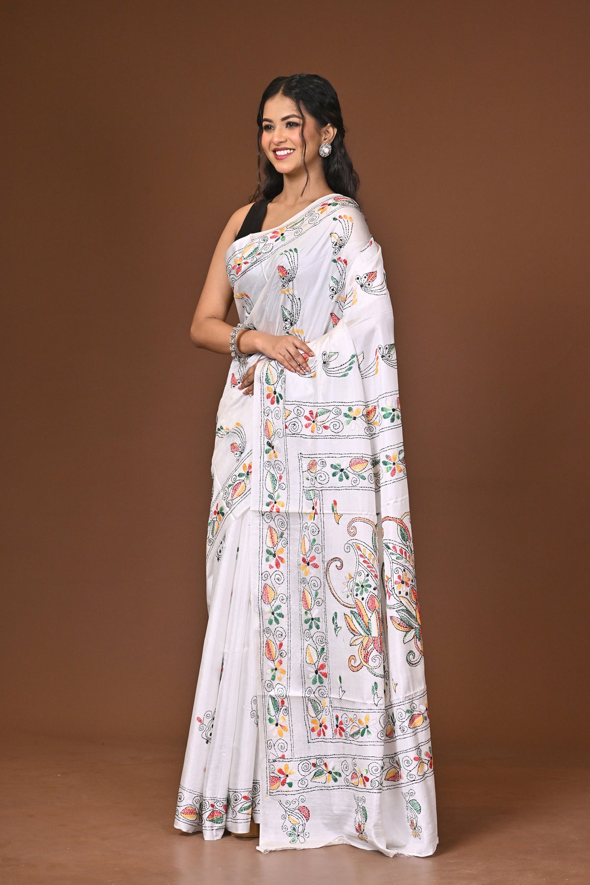 Blended Silk Kantha Stitch Saree White