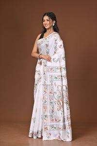 Blended Silk Kantha Stitch Saree White