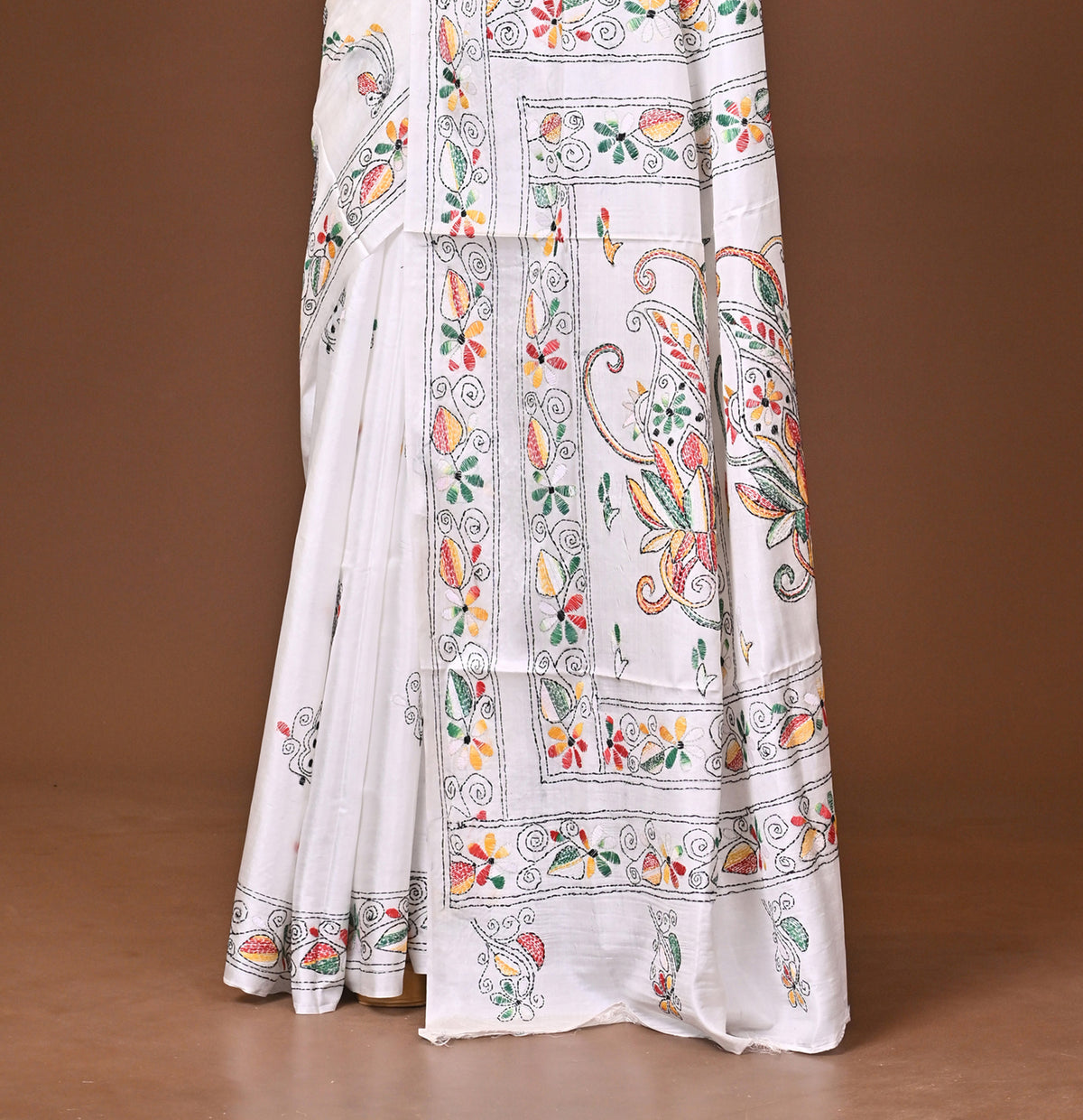 Blended Silk Kantha Stitch Saree White