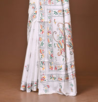 Blended Silk Kantha Stitch Saree White