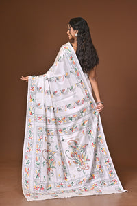Blended Silk Kantha Stitch Saree White