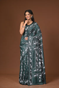 Blended Silk Kantha Stitch Saree Green