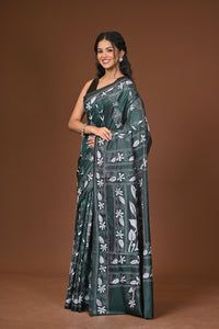 Blended Silk Kantha Stitch Saree Green
