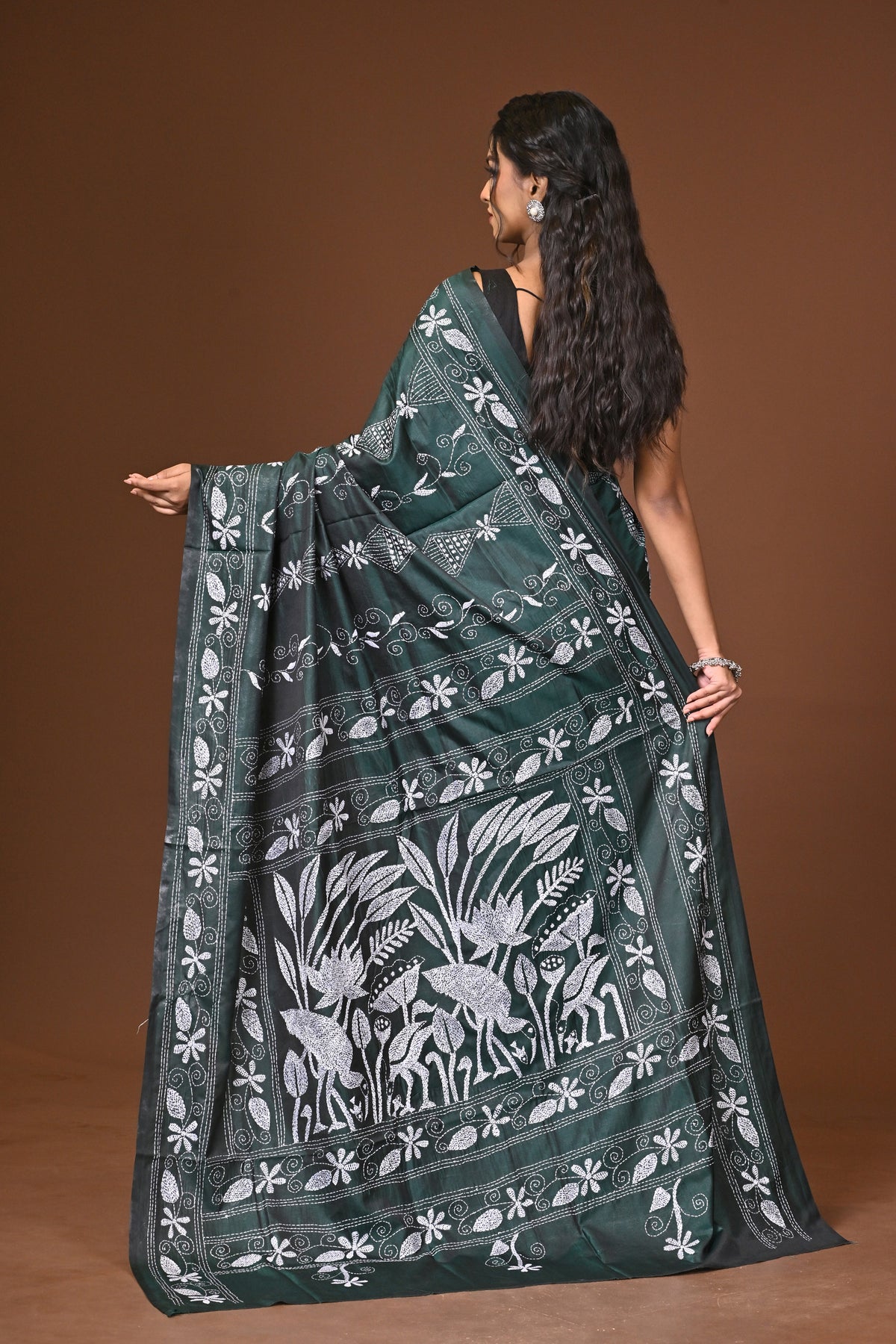 Blended Silk Kantha Stitch Saree Green