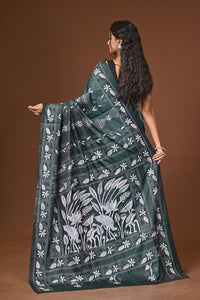 Blended Silk Kantha Stitch Saree Green