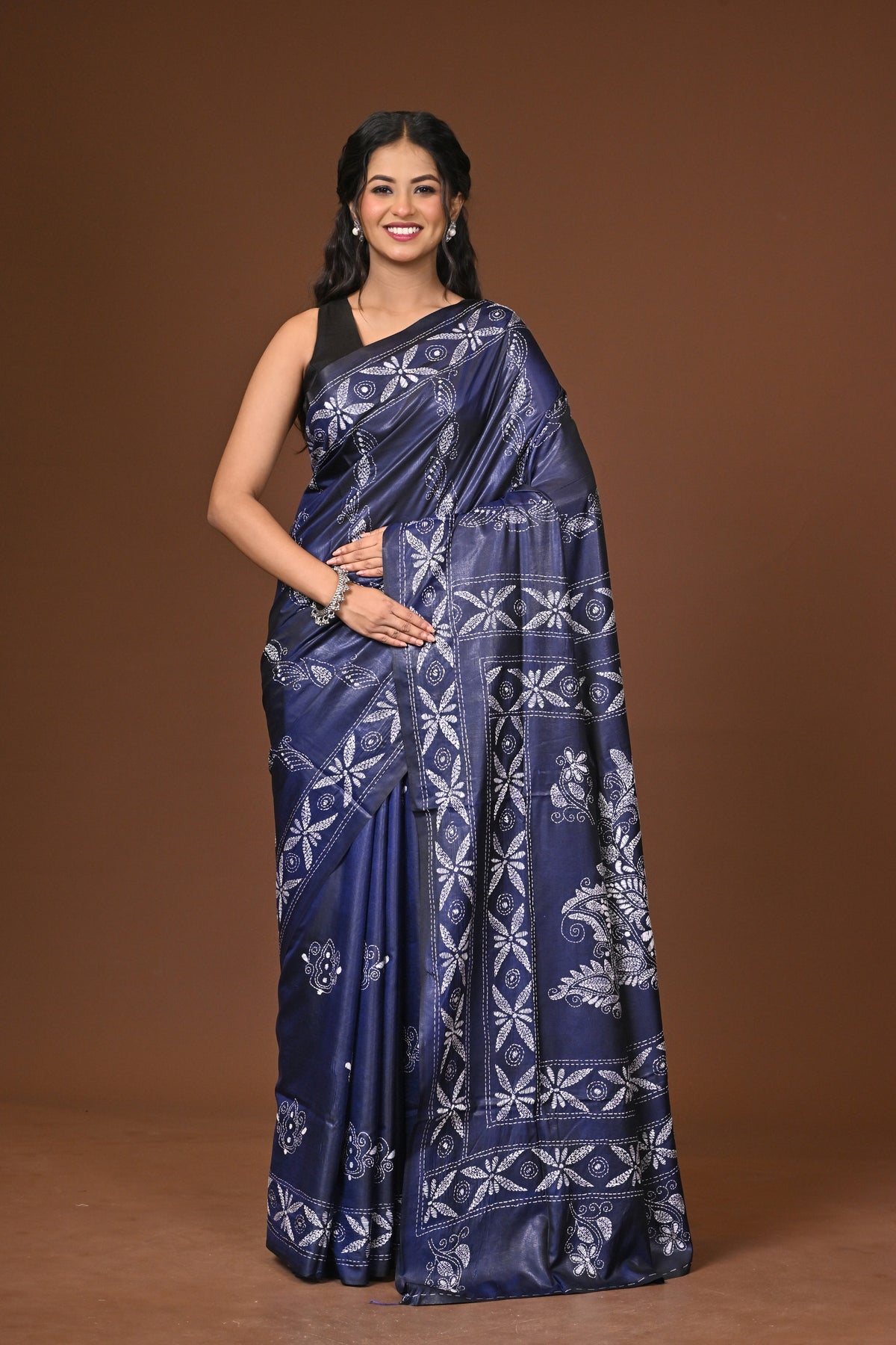 Blended Silk Kantha Stitch Saree Blue