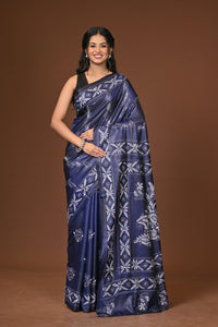Blended Silk Kantha Stitch Saree Blue