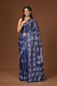 Blended Silk Kantha Stitch Saree Blue