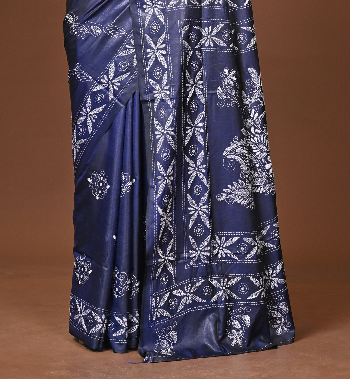 Blended Silk Kantha Stitch Saree Blue
