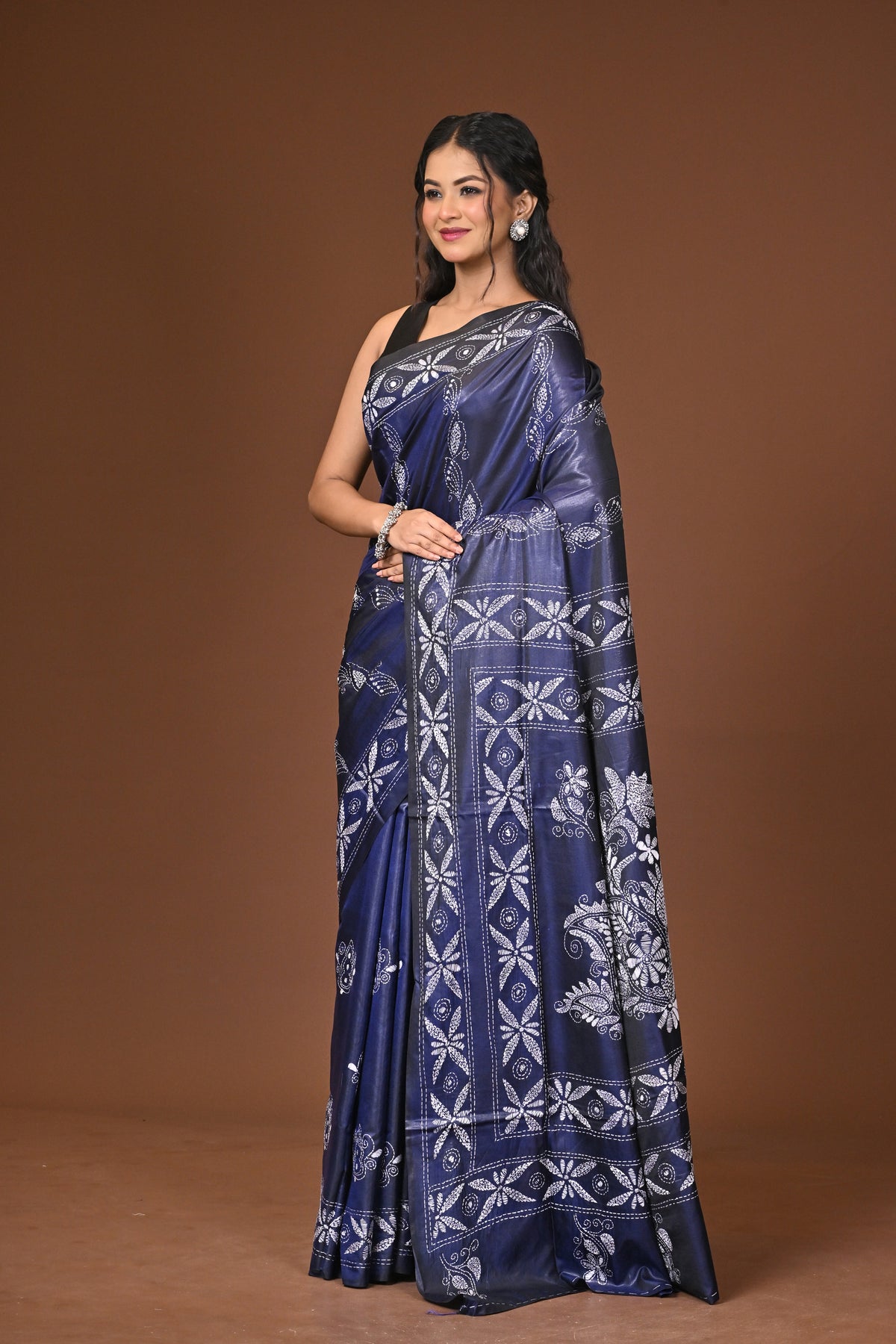 Blended Silk Kantha Stitch Saree Blue
