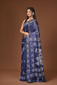 Blended Silk Kantha Stitch Saree Blue