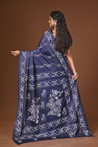 Blended Silk Kantha Stitch Saree Blue