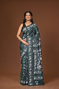 Blended Silk Kantha Stitch Saree Green