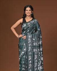 Blended Silk Kantha Stitch Saree Green