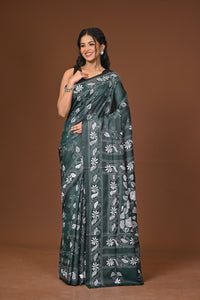 Blended Silk Kantha Stitch Saree Green