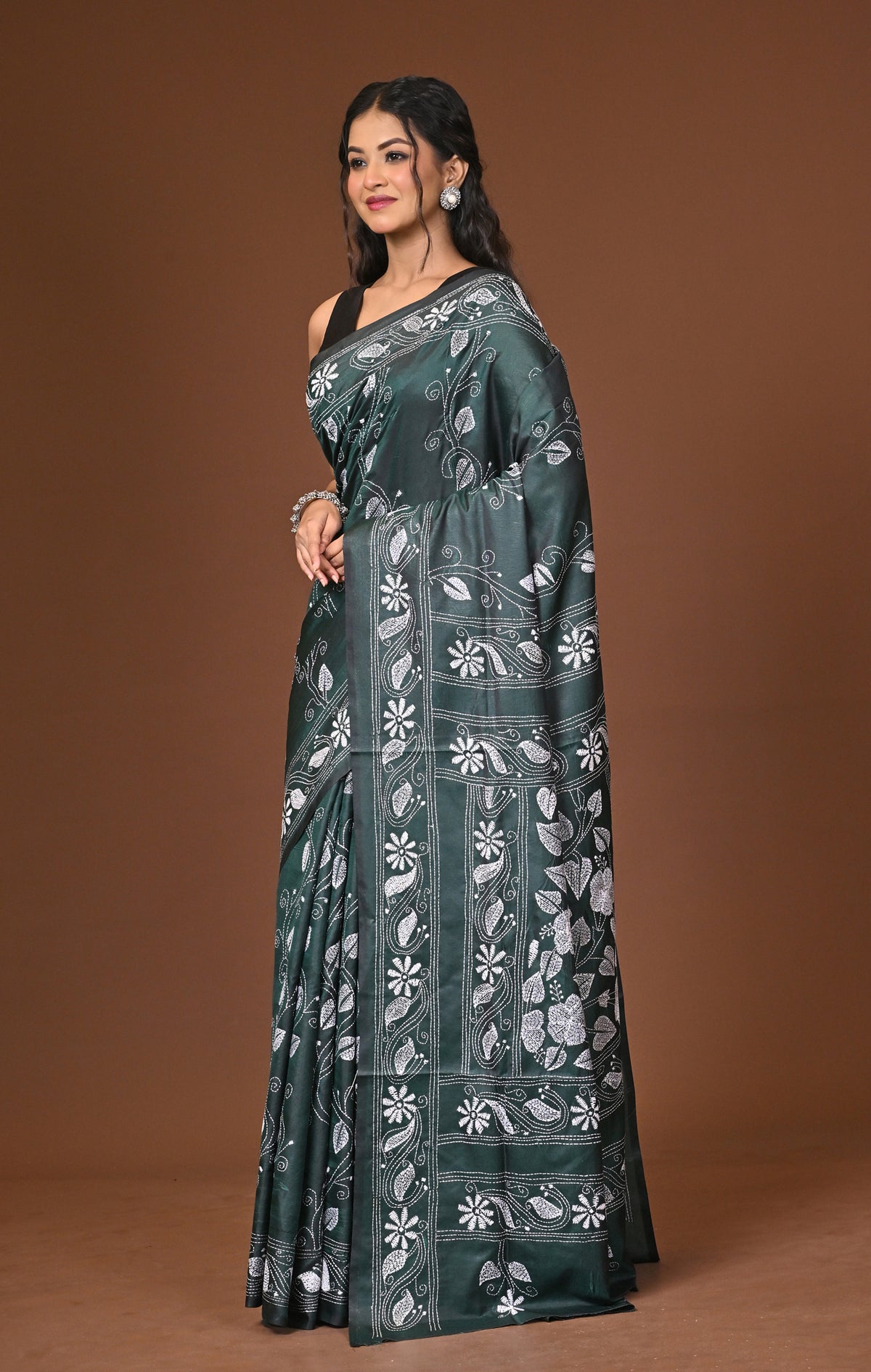 Blended Silk Kantha Stitch Saree Green
