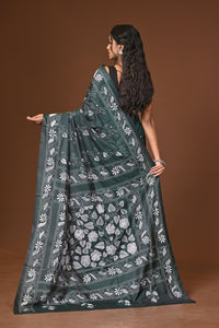 Blended Silk Kantha Stitch Saree Green