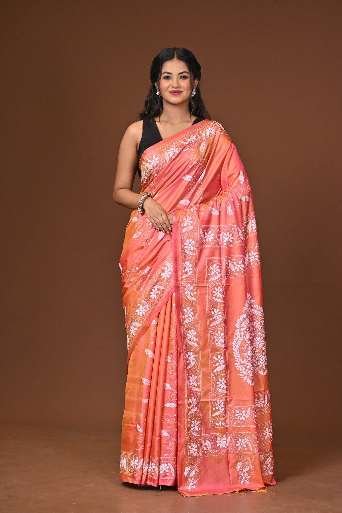 Blended Silk Kantha Stitch Saree Pink