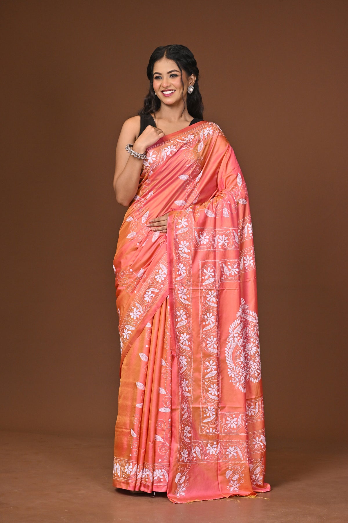 Blended Silk Kantha Stitch Saree Pink