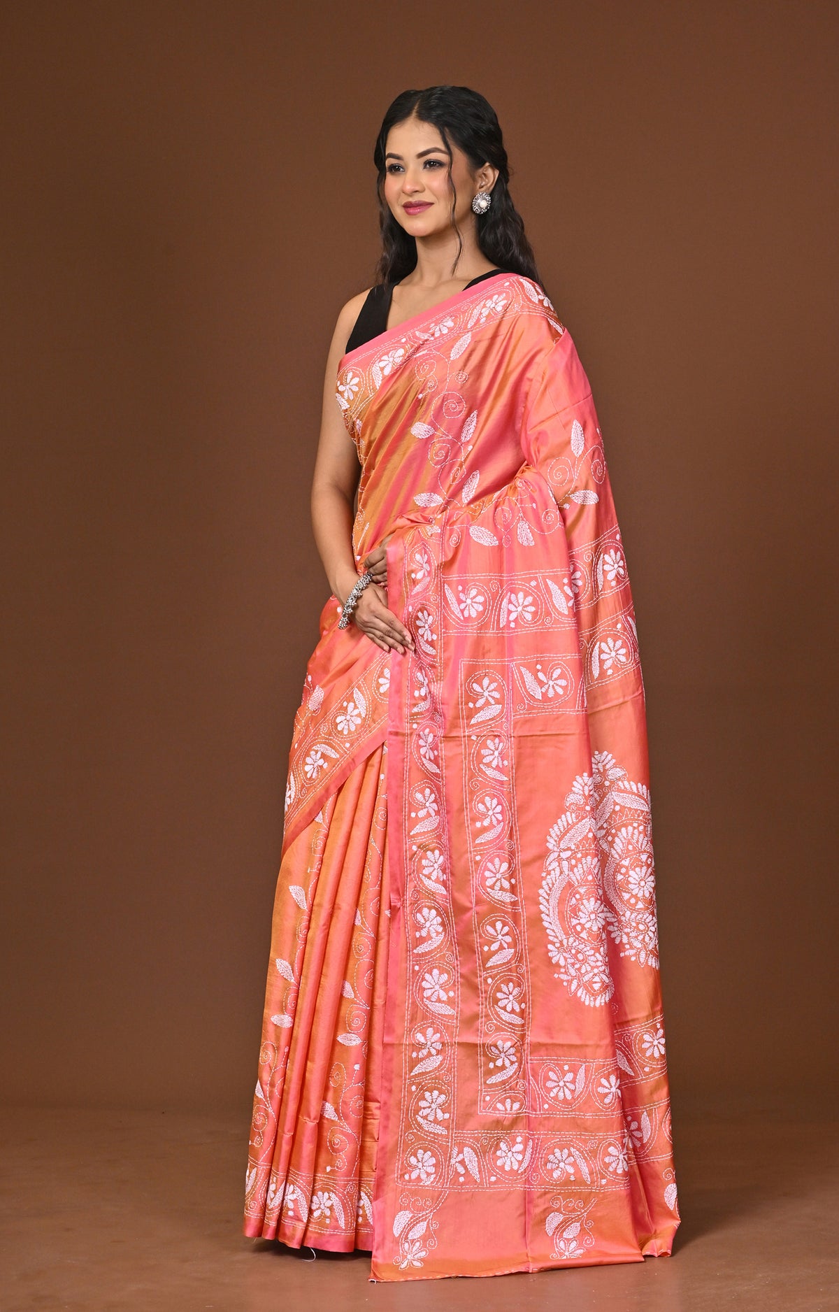 Blended Silk Kantha Stitch Saree Pink