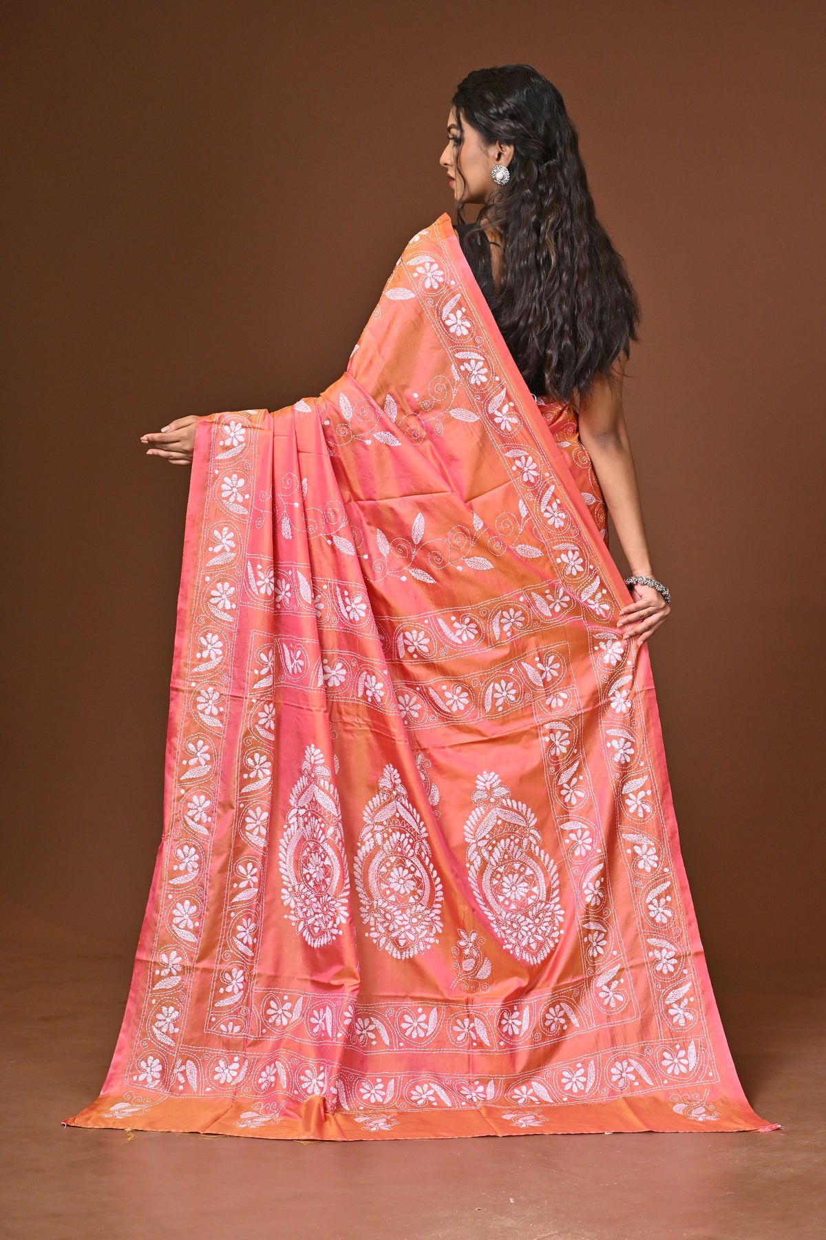 Blended Silk Kantha Stitch Saree Pink