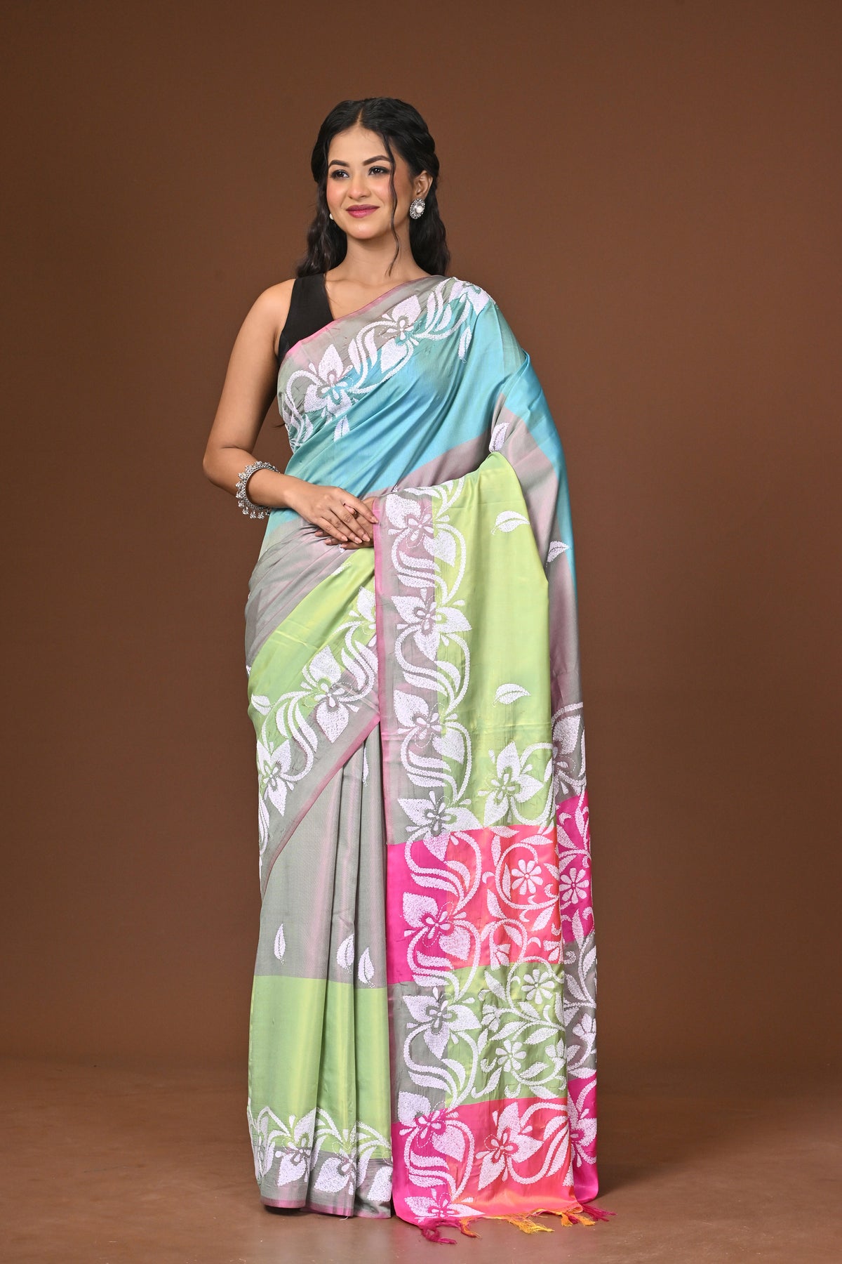 Blended Silk Kantha Stitch Saree Multicolor