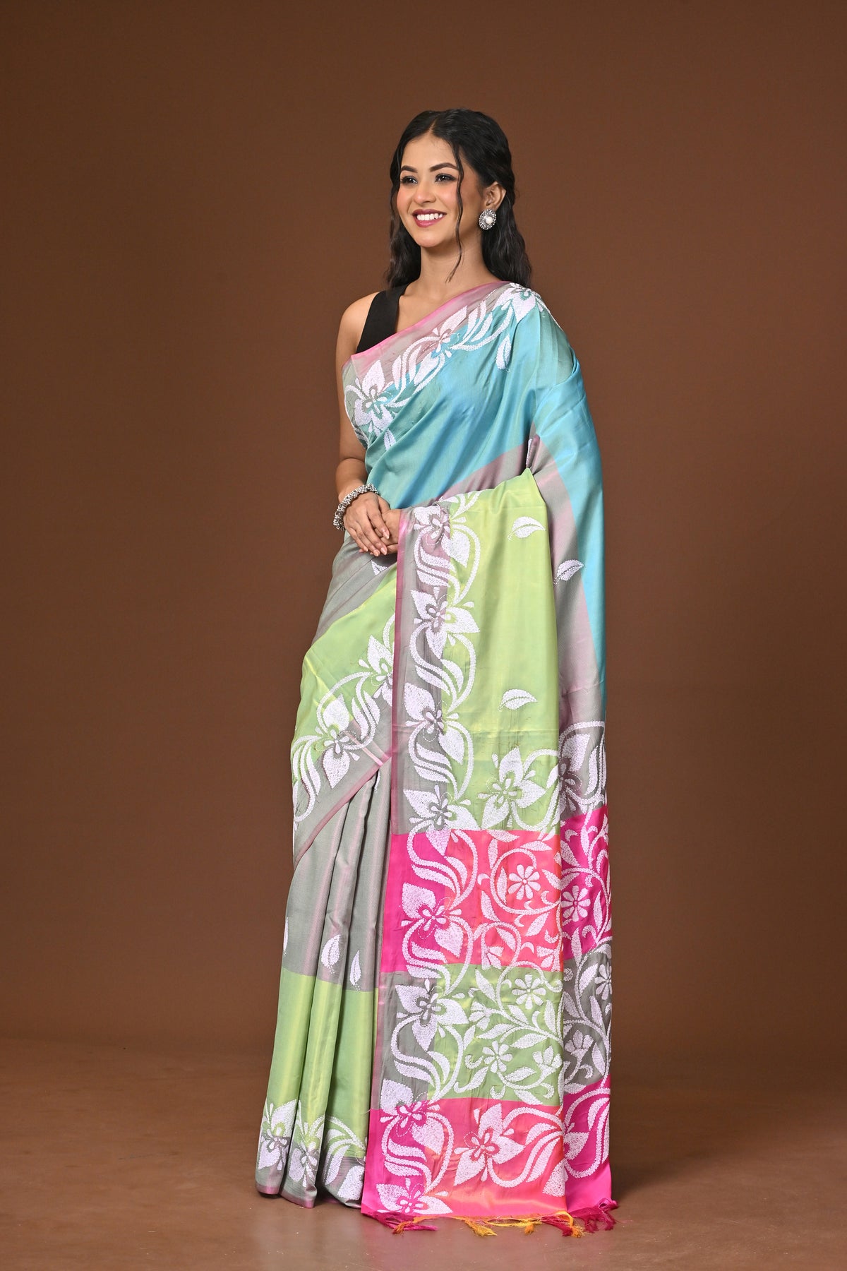 Blended Silk Kantha Stitch Saree Multicolor