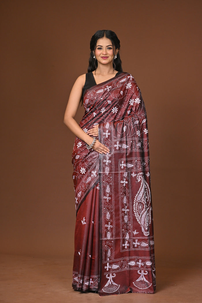 Blended Silk Kantha Stitch Saree