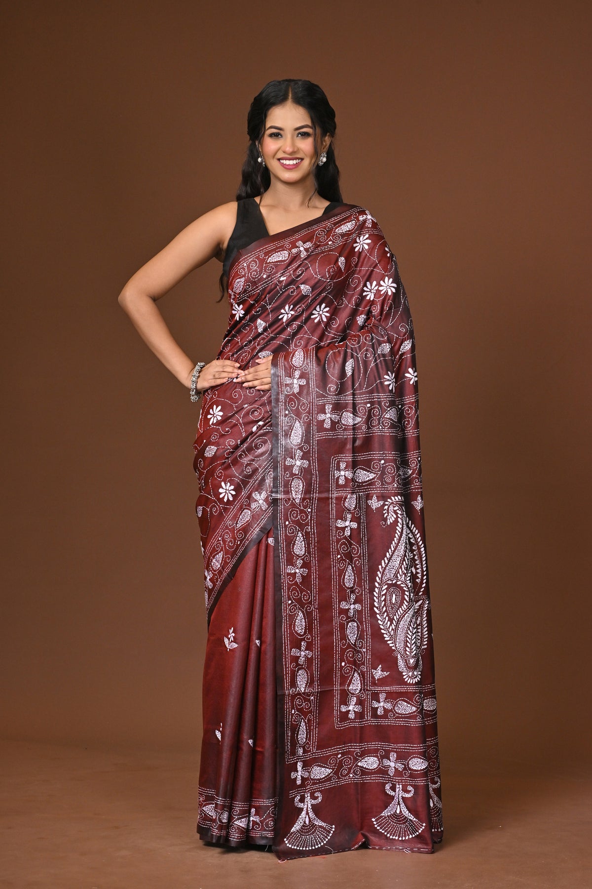 Blended Silk Kantha Stitch Saree Brown