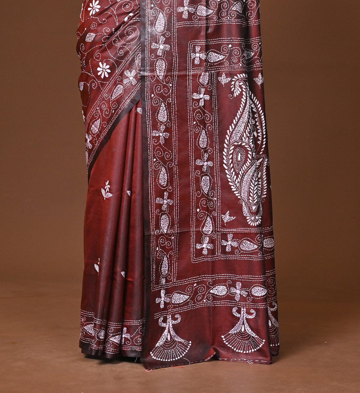 Blended Silk Kantha Stitch Saree Brown