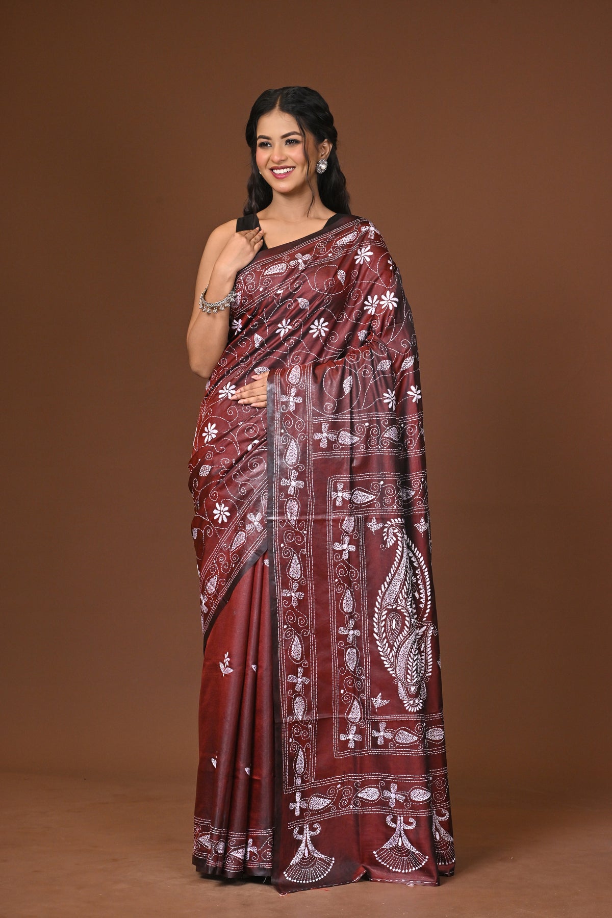 Blended Silk Kantha Stitch Saree Brown