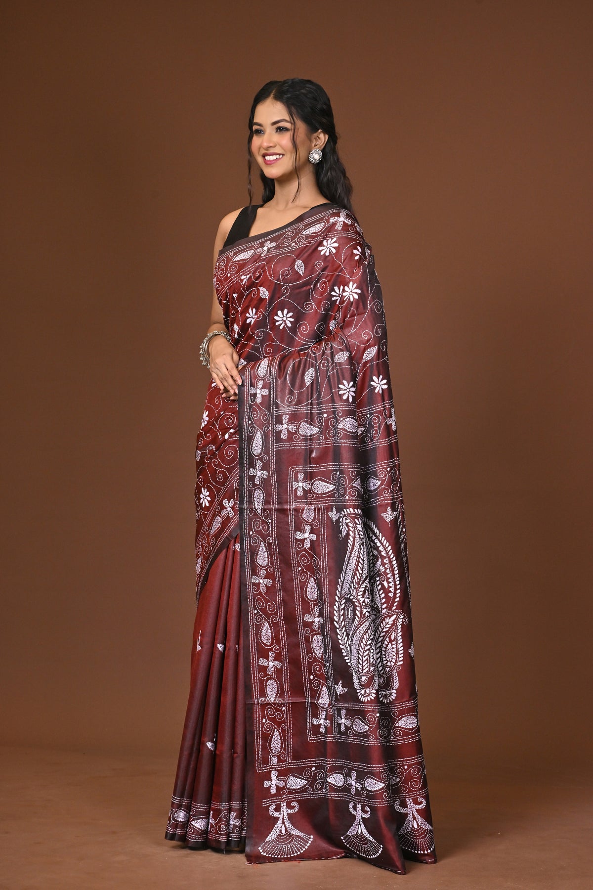 Blended Silk Kantha Stitch Saree Brown