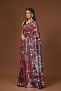 Blended Silk Kantha Stitch Saree Brown