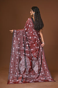 Blended Silk Kantha Stitch Saree Brown