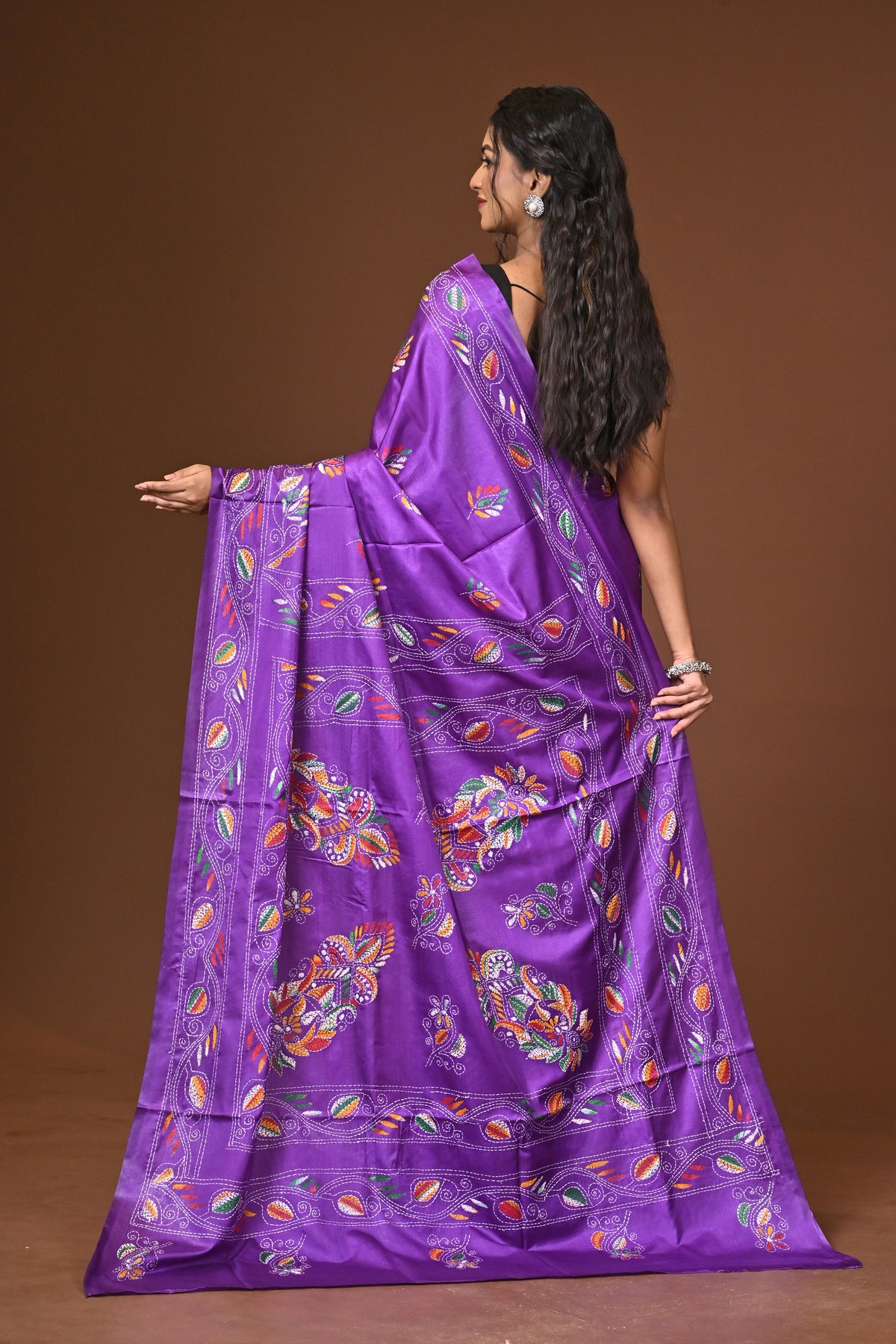 Blended Silk Kantha Stitch Saree Purple