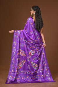 Blended Silk Kantha Stitch Saree Purple
