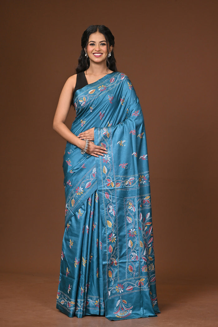 Blended Silk Kantha Stitch Saree
