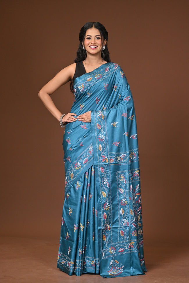 Blended Silk Kantha Stitch Saree