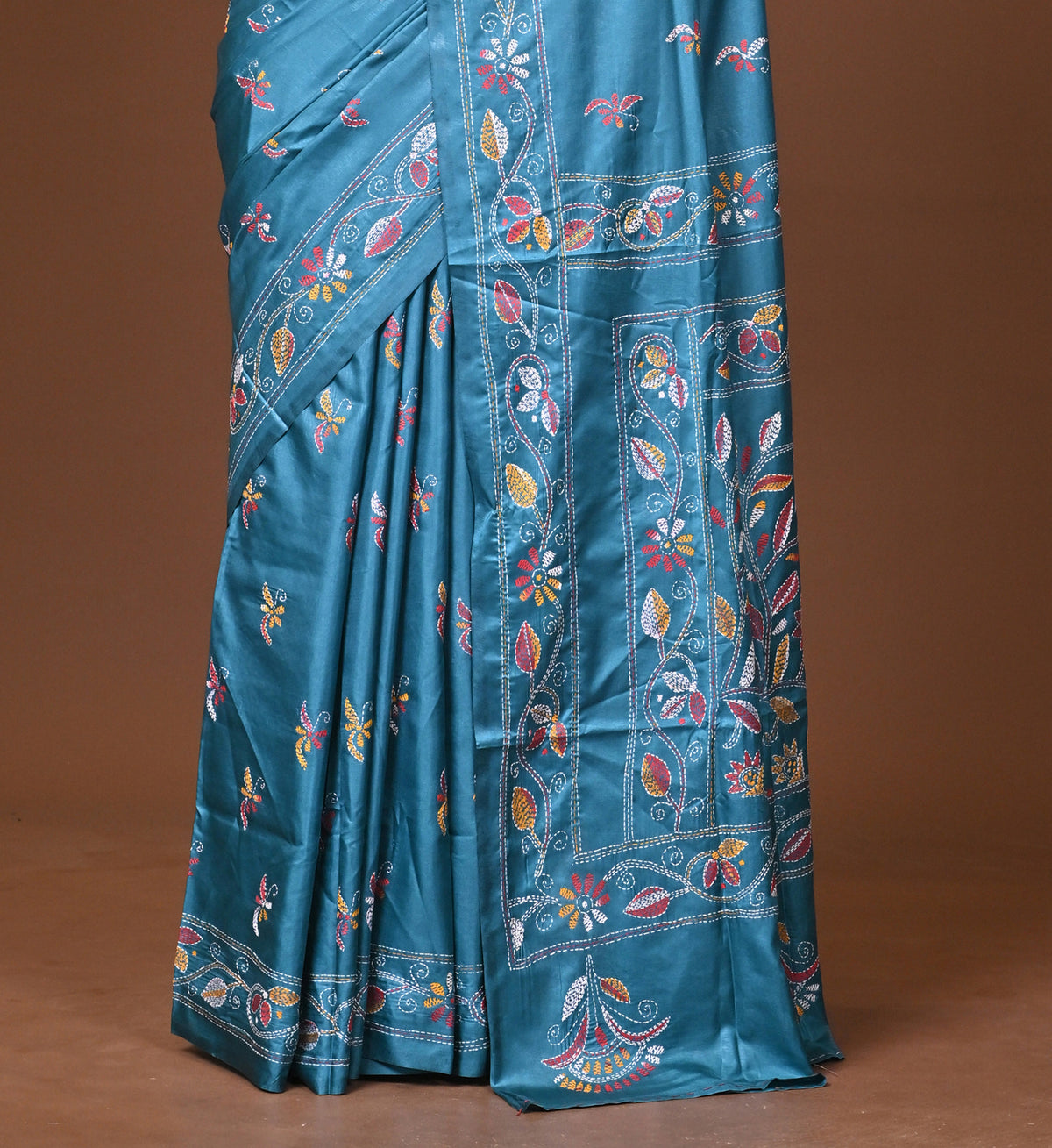 Blended Silk Kantha Stitch Saree Blue
