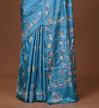 Blended Silk Kantha Stitch Saree Blue