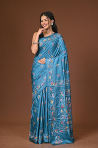 Blended Silk Kantha Stitch Saree Blue