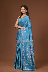 Blended Silk Kantha Stitch Saree Blue