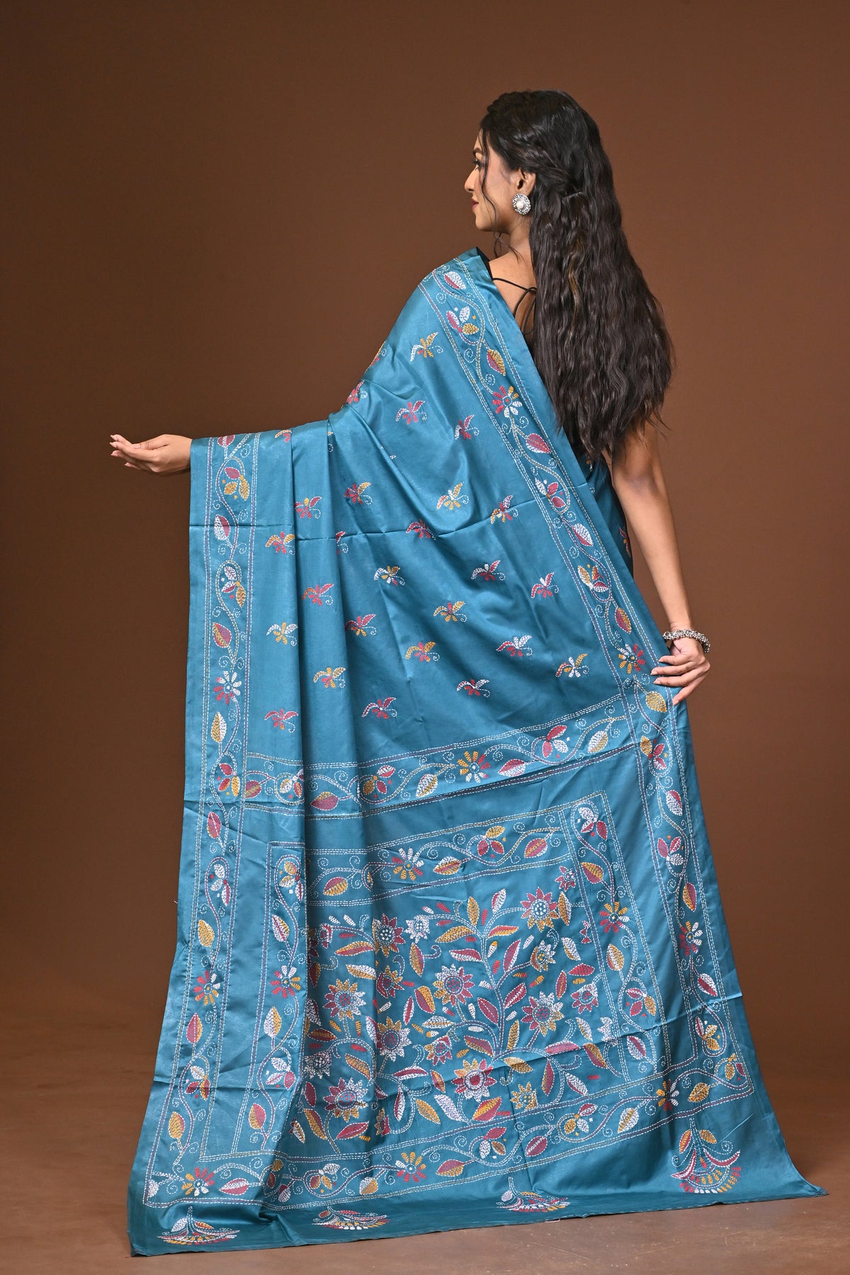 Blended Silk Kantha Stitch Saree Blue