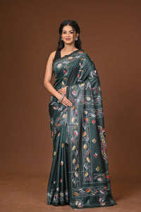 Blended Silk Kantha Stitch Saree Green