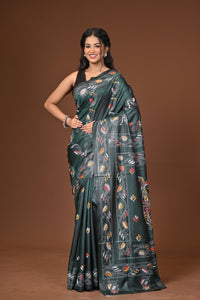 Blended Silk Kantha Stitch Saree Green