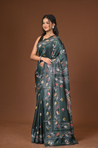 Blended Silk Kantha Stitch Saree Green